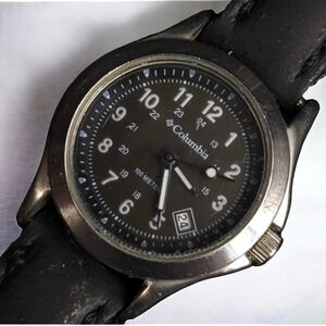 Vintage Columbia stainless steel 100m quartz watch, analog, 24hr, date, black